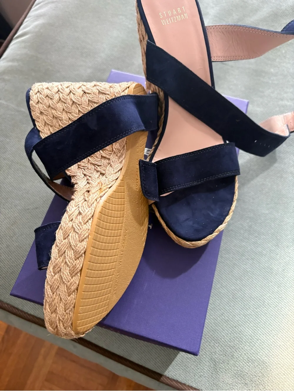 Stuart Weitzman Navy Suede Cross-Strap Espadrille Wedges - Picture 2 of 5